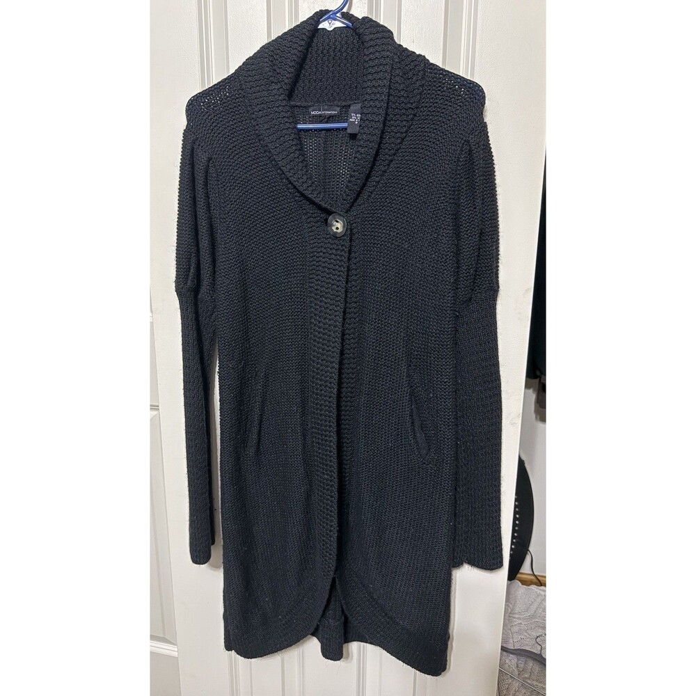 Vtg Moda International S Black Heavy Knit Puff Sleeve Long Sweater Button *read